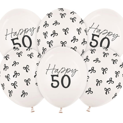50 Jaar Ballonnen Zwart Wit Strik 30cm 6st van Partydeco koop je bij Partywinkel