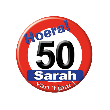50 Jaar Button Sarah Verkeersbord 5,5cm van Paper Dreams koop je bij Partywinkel