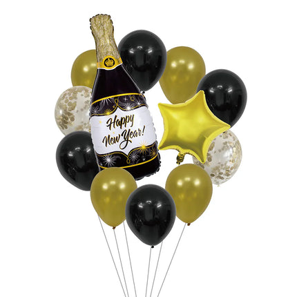 Ballonsæt »Happy New Year« (2 folieballoner, 10 latexballoner, sugerør og bånd på 10 m)