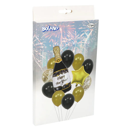 Ballonsæt »Happy New Year« (2 folieballoner, 10 latexballoner, sugerør og bånd på 10 m)