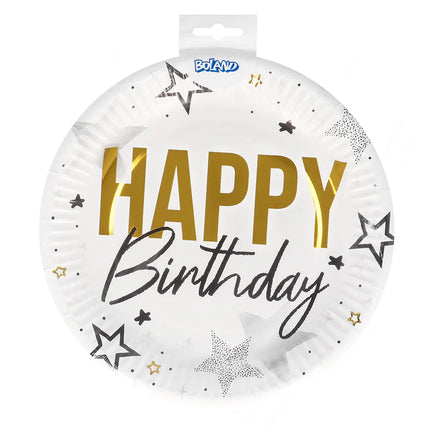 Sæt med 8 papirtallerkener med teksten »Happy birthday« (Ø 23 cm)