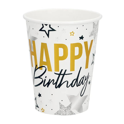 Sæt med 8 papirkrus med teksten »Happy birthday« (25 cl)