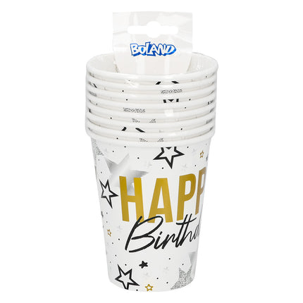 Sæt med 8 papirkrus med teksten »Happy birthday« (25 cl)