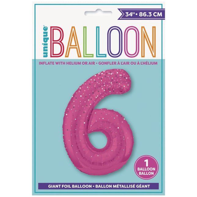 6 Jaar Cijfer Ballon Roze Stippen 86cm van Unique koop je bij Partywinkel