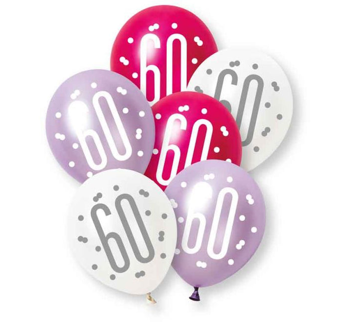 60 Jaar Ballonnen Paars Roze 30cm 6st van Unique koop je bij Partywinkel