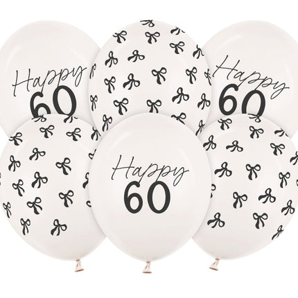 60 Jaar Ballonnen Zwart Wit Strik 30cm 6st van Partydeco koop je bij Partywinkel
