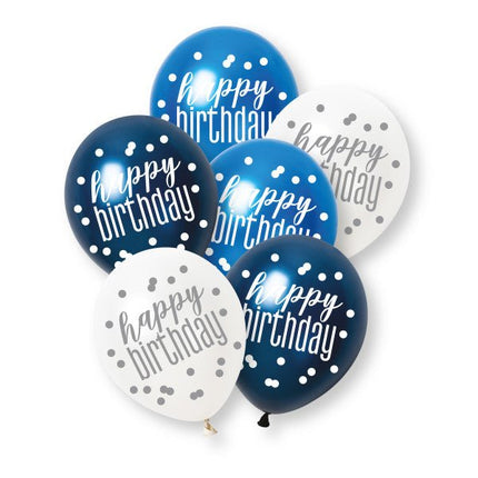 6ct Glitz Blue Happy Birthday Pearl Premium 30cm Latex Balloons van Unique koop je bij Partywinkel