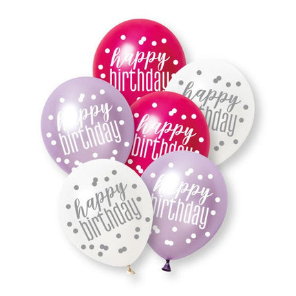 6ct Glitz Pink Happy Birthday Pearl Premium 30cm Latex Balloons van Unique koop je bij Partywinkel