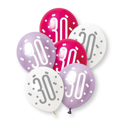 6ct Glitz Pink Number 30 Pearl Premium 30cm Latex Balloons van Unique koop je bij Partywinkel