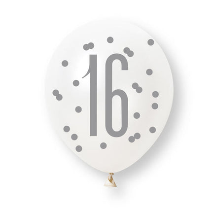 6ct Glitz Rose Gold Number 16 Assorted Platinum & Pearl Premium 30cm Latex Balloons van Unique koop je bij Partywinkel