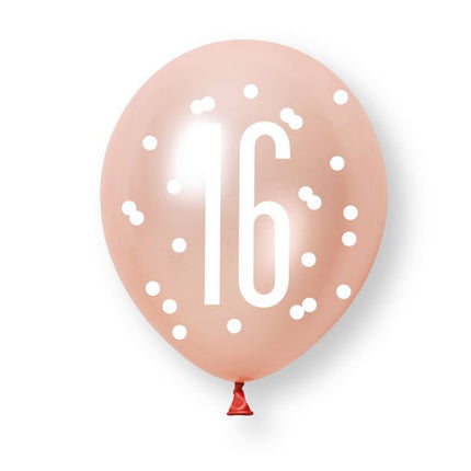6ct Glitz Rose Gold Number 16 Assorted Platinum & Pearl Premium 30cm Latex Balloons van Unique koop je bij Partywinkel