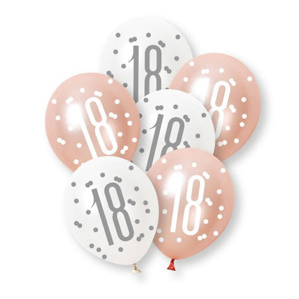 6ct Glitz Rose Gold Number 18 Assorted Platinum & Pearl Premium 30cm Latex Balloons van Unique koop je bij Partywinkel