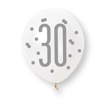 6ct Glitz Rose Gold Number 30 Assorted Platinum & Pearl Premium 30cm Latex Balloons van Unique koop je bij Partywinkel