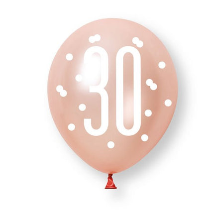 6ct Glitz Rose Gold Number 30 Assorted Platinum & Pearl Premium 30cm Latex Balloons van Unique koop je bij Partywinkel