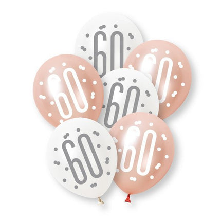 6ct Glitz Rose Gold Number 60 Assorted Platinum & Pearl Premium 30cm Latex Balloons van Unique koop je bij Partywinkel