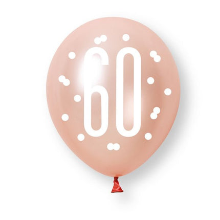 6ct Glitz Rose Gold Number 60 Assorted Platinum & Pearl Premium 30cm Latex Balloons van Unique koop je bij Partywinkel