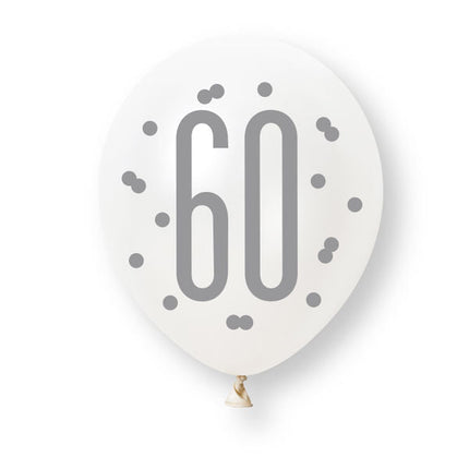 6ct Glitz Rose Gold Number 60 Assorted Platinum & Pearl Premium 30cm Latex Balloons van Unique koop je bij Partywinkel