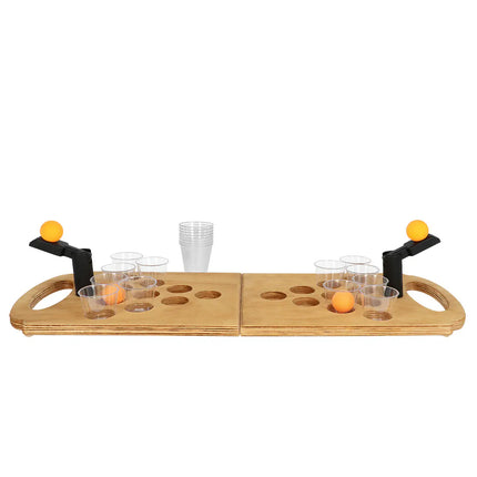 Shot Pong-drikkesæt (sammenklappeligt spillebræt af træ, 2 skudglas, 4 kugler, 12 shotglas)