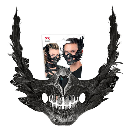 Halloween-maske: sort dødningehoved med fjer