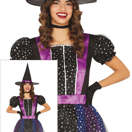 Halloween-kjole, lilla, til kvinder, heks, stjerne