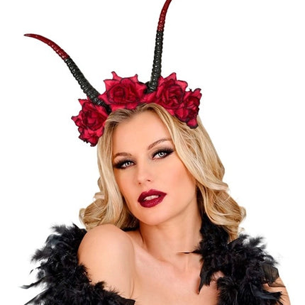 Halloween-hårbånd, sort og rød, med djævel og blomst