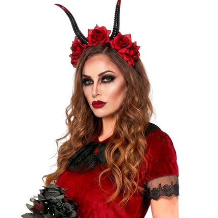Halloween-hårbånd, sort og rød, med djævel og blomst