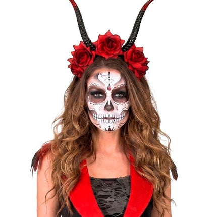 Halloween-hårbånd, sort og rød, med djævel og blomst
