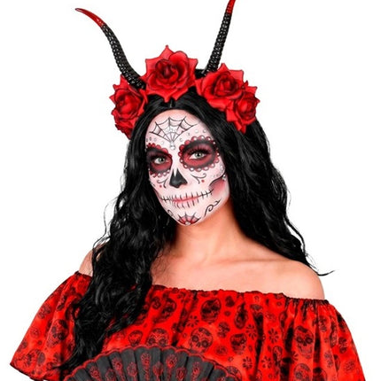 Halloween-hårbånd, sort og rød, med djævel og blomst