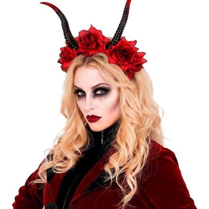 Halloween-hårbånd, sort og rød, med djævel og blomst