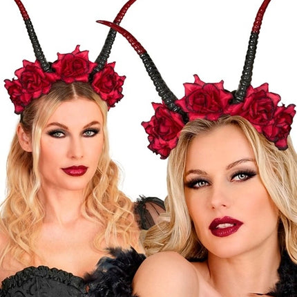 Halloween-hårbånd, sort og rød, med djævel og blomst