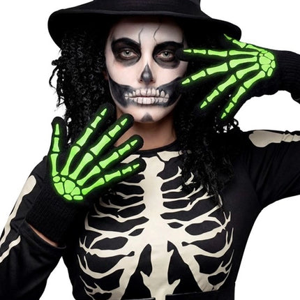 Halloween-handsker, sort og hvid, skelet, lyser i mørket