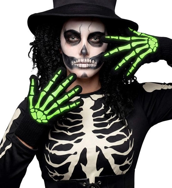 Halloween-handsker, sort og hvid, skelet, lyser i mørket