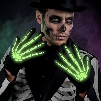 Halloween-handsker, sort og hvid, skelet, lyser i mørket