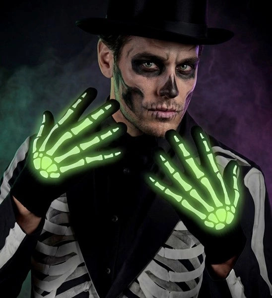 Halloween-handsker, sort og hvid, skelet, lyser i mørket