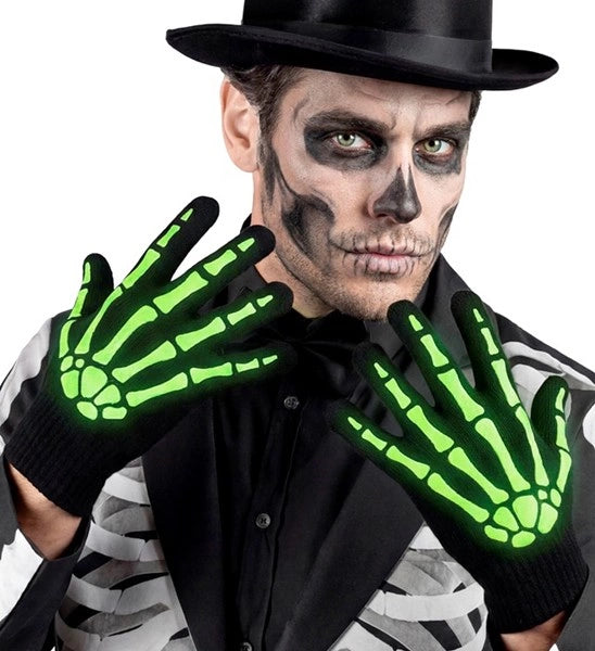 Halloween-handsker, sort og hvid, skelet, lyser i mørket