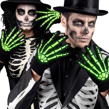 Halloween-handsker, sort og hvid, skelet, lyser i mørket