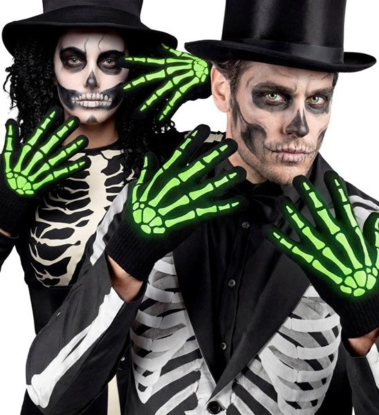 Halloween-handsker, sort og hvid, skelet, lyser i mørket