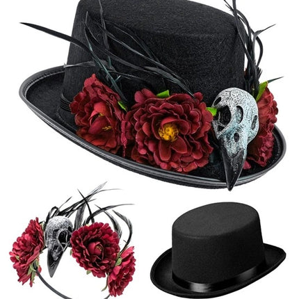 Halloween-hat med voodoo-blomster og skelet