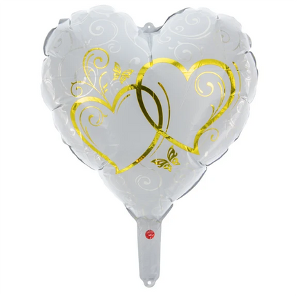 Hjerteformet heliumballon, hvid og guld, tom, 45 cm
