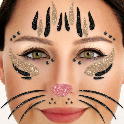 Guld-sorte falske tatoveringer til ansigtet med glitter – kat