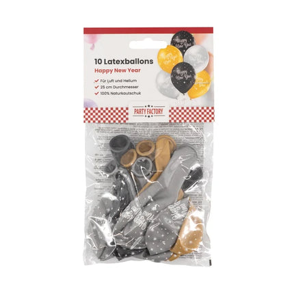 Nytårsballoner – sort, guld, sølv, kage – 30 cm – 10 stk.