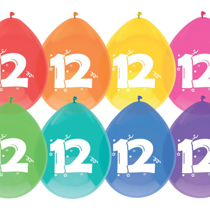 Ballonnen 12 Jaar Gekleurd 30cm 8st van Haza Witbaard koop je bij Partywinkel