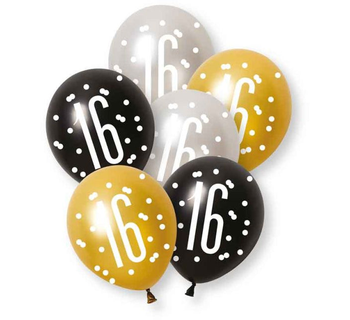 Ballonnen 16 Jaar Latex Goud Zwart Zilver 30cm 6st van Unique koop je bij Partywinkel