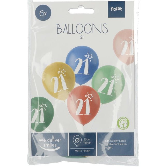 Ballonnen 21 Jaar Gekleurd 33cm 6st van Folat koop je bij Partywinkel