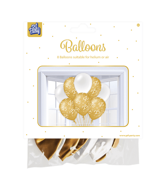 Ballonnen 25 Jaar Goud Wit 30cm 8st van Paper Dreams koop je bij Partywinkel