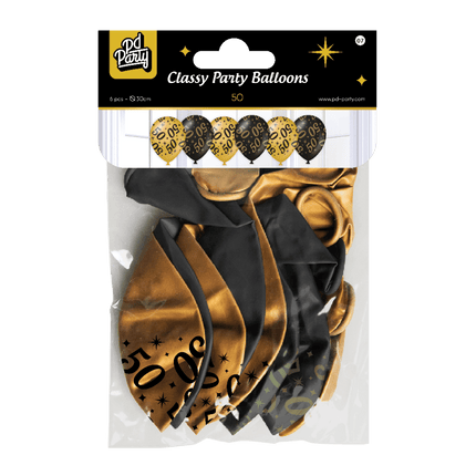 Ballonnen 50 Jaar Goud Zwart 30cm 6st van Paper Dreams koop je bij Partywinkel