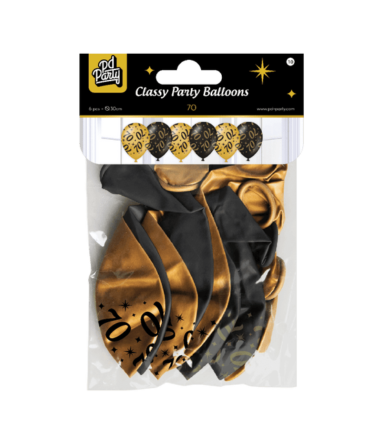 Ballonnen 70 Jaar Goud Zwart 30cm 6st van Paper Dreams koop je bij Partywinkel