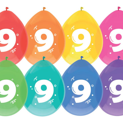 Ballonnen 9 Jaar Gekleurd 30cm 8st van Haza Witbaard koop je bij Partywinkel