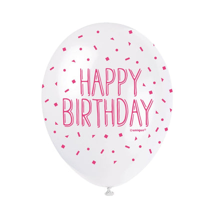 Ballonnen Happy Birthday Confetti Roze 30cm 5st van Unique koop je bij Partywinkel