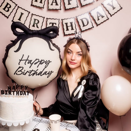 Banner Happy Birthday strikken, 100 cm, crème - zwart van Partydeco koop je bij Partywinkel